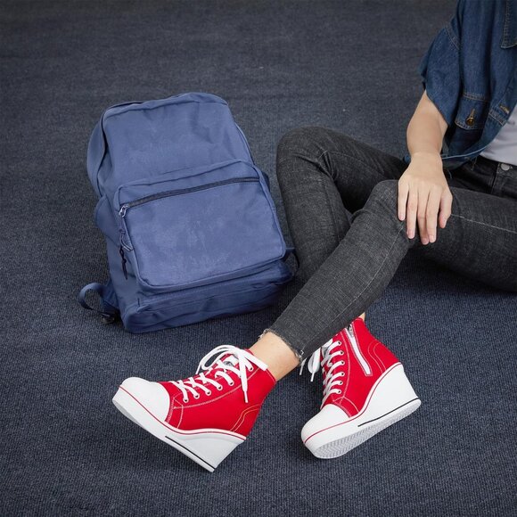 Wedge Sneakers Women's Canvas High Heel Platform Lace Up Zipper Casual Chic - Picture 5 of 6